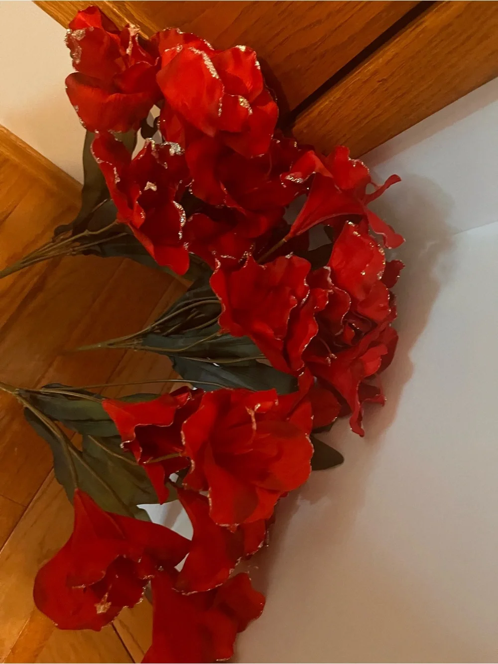 3 Bunches of Faux Red Flowers w/Silver Trim & 4 Stems of Teardrop Crystals